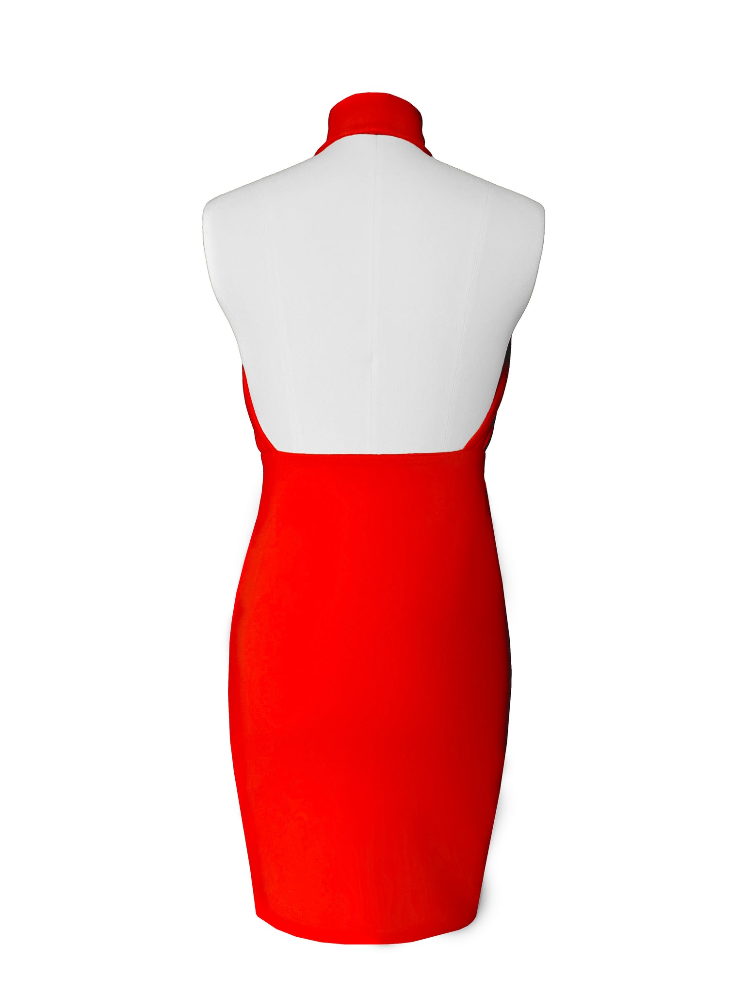 Never out of style and built for neckline reinforcement !!! We understand that you need extra support and we got you ;) This gorgeous Bonita dress is design double fabric for extra support all around giving you an elegant yet sexy look. * Fabric: 97% Cotton 3% Lycra *Fiery red color *Halter top cross neckline fitted dress. Lacquer Passion.  Back.