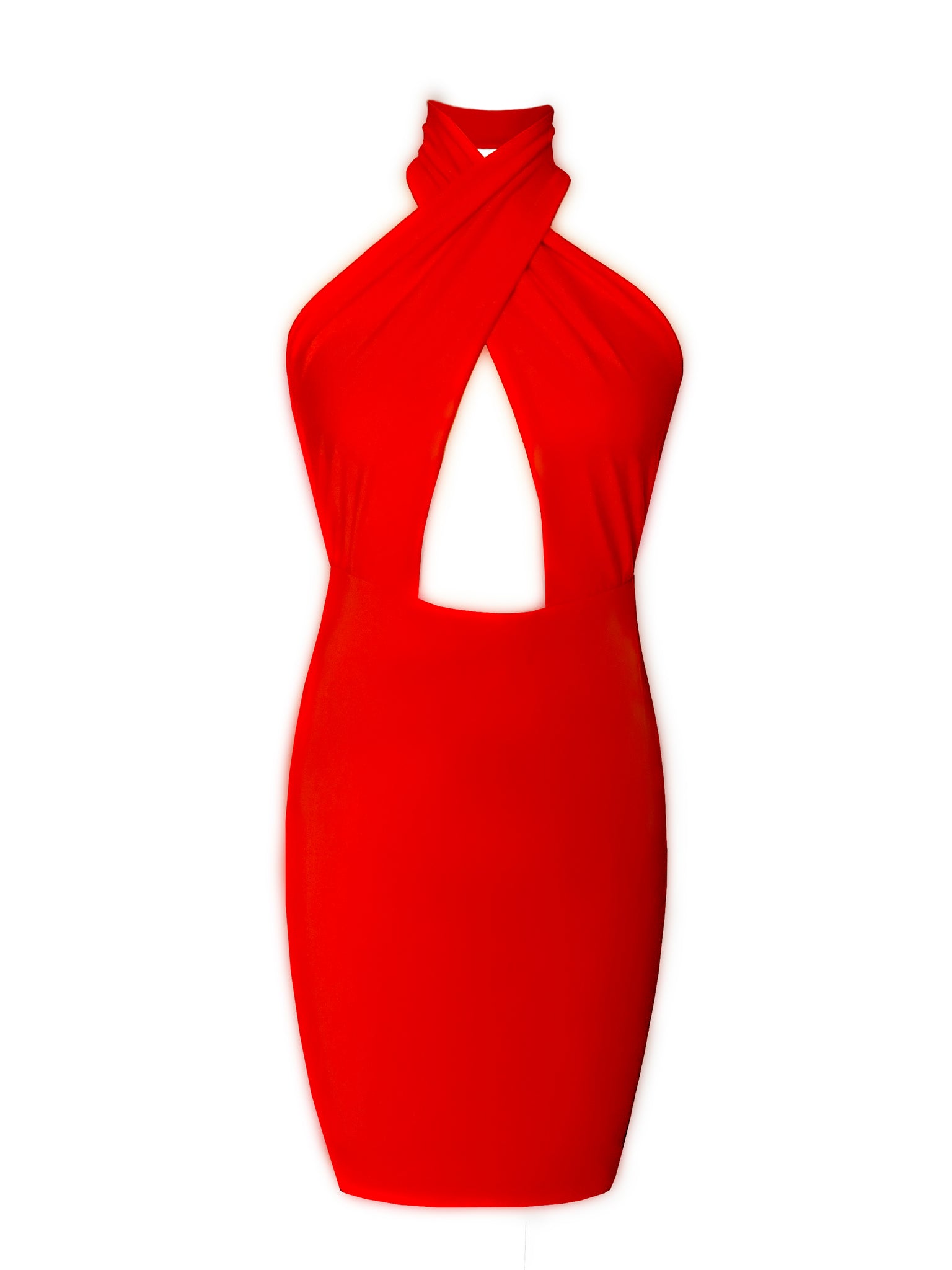 Never out of style and built for neckline reinforcement !!! We understand that you need extra support and we got you ;) This gorgeous Bonita dress is design double fabric for extra support all around giving you an elegant yet sexy look. * Fabric: 97% Cotton 3% Lycra  *Fiery red color *Halter top cross neckline fitted dress. Lacquer Passion. Front.