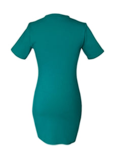 This vibrant design, that is both classic and contemporary. Can be dress up or dress down. Asymmetrical see-through&nbsp; detail with chocolate mesh fabric. * Comes in a beautiful Jade color with a cut-out transparent detail in chocolate color *Fabric: Imported 97% Cotton 3 % Lycra. *3/4 Sleeves *Mid thigh length. Lacquer Passion. Back.