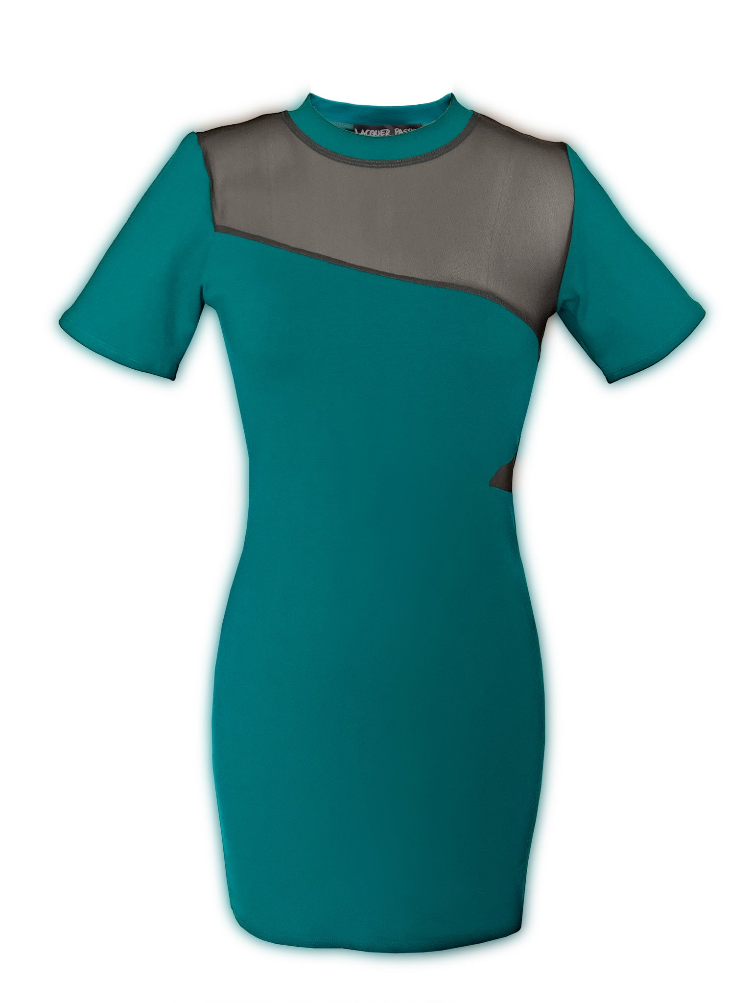 This vibrant design, that is both classic and contemporary. Can be dress up or dress down. Asymmetrical see-through&nbsp; detail with chocolate mesh fabric. * Comes in a beautiful Jade color with a cut-out transparent detail in chocolate color *Fabric: Imported 97% Cotton 3 % Lycra. *3/4 Sleeves *Mid thigh length. Lacquer Passion.  Front