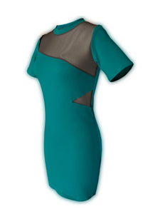 This vibrant design, that is both classic and contemporary. Can be dress up or dress down. Asymmetrical see-through&nbsp; detail with chocolate mesh fabric. * Comes in a beautiful Jade color with a cut-out transparent detail in chocolate color *Fabric: Imported 97% Cotton 3 % Lycra. *3/4 Sleeves *Mid thigh length. Lacquer Passion. Profile.